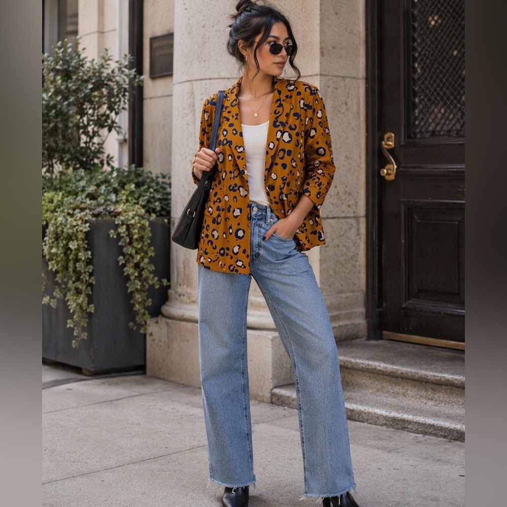 Phillip Lim Mustard Leopard-Spot Blazer with Navy & Cream Accents